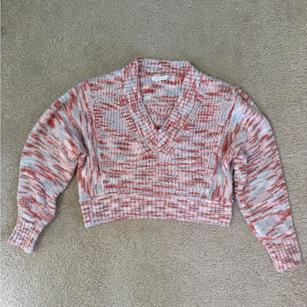 Altar'd State Bouclé Knit V-Neck Sweater in Pink, Coral and Light Blue XXS